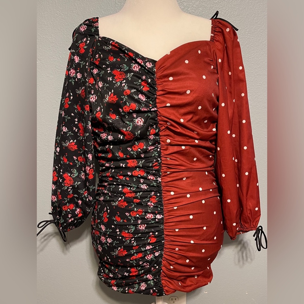 L’atiste by Amy Ruched Mini Dress Mixed Print Floral Bodycon Party Medium NWT - Picture 3 of 11